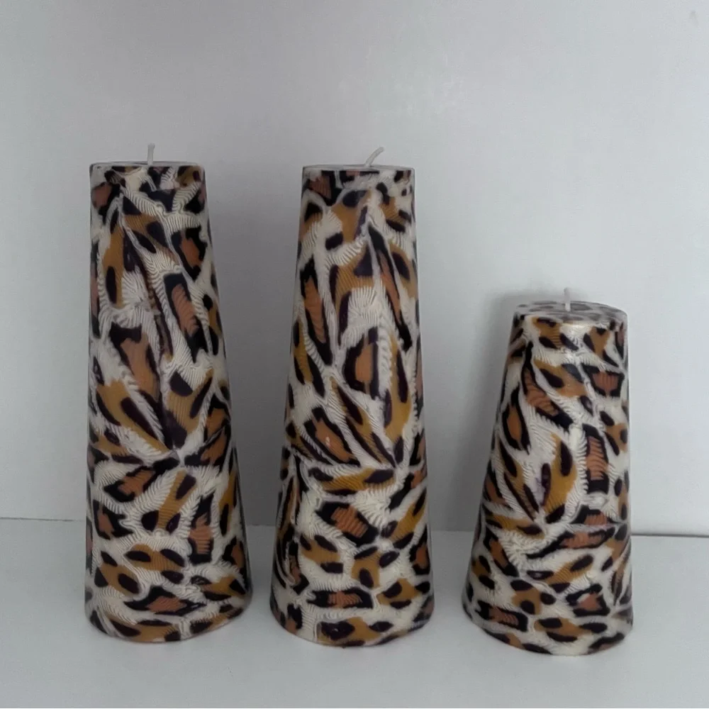 3 UNSCENTED Animal Print Candles Leopard Print: cone shape